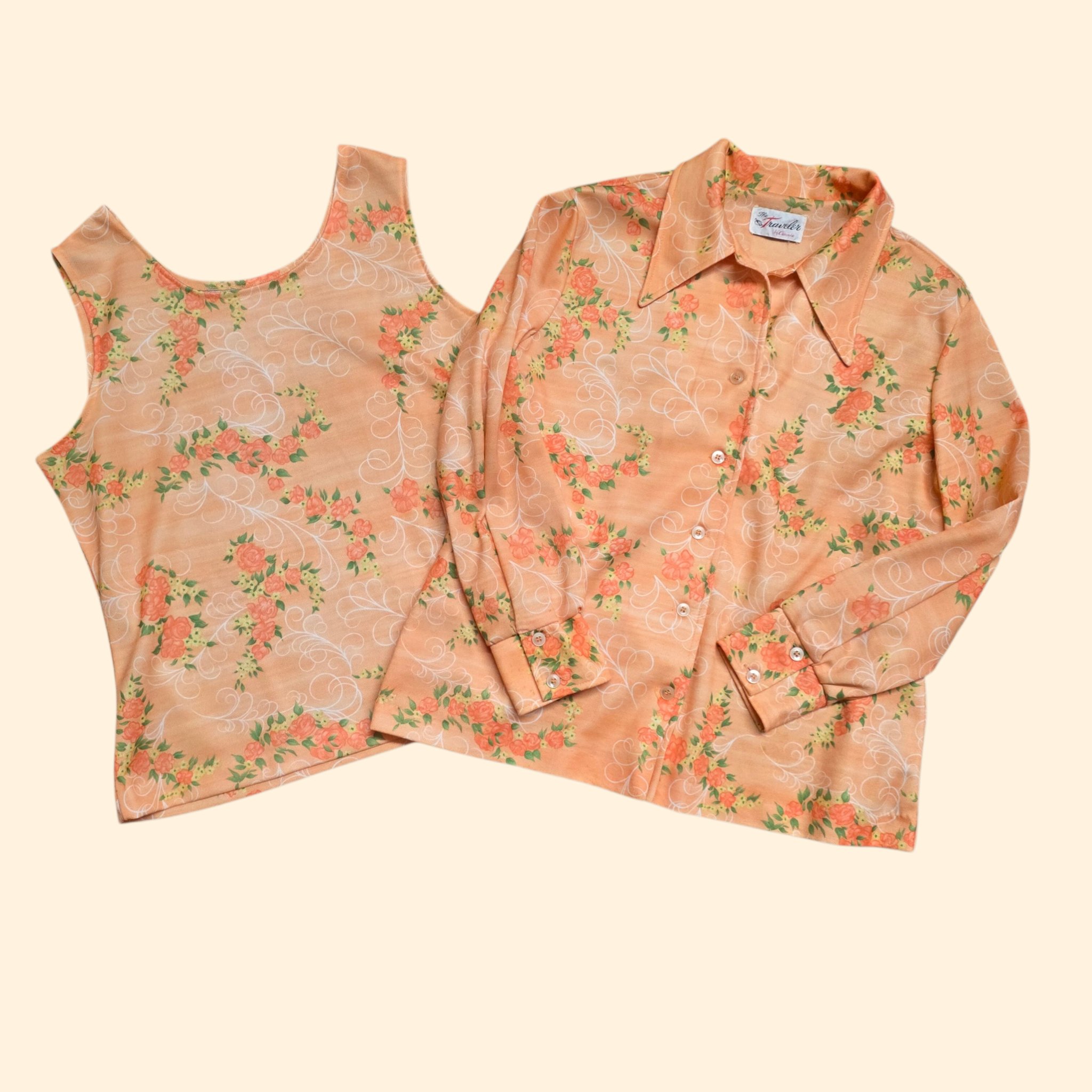 1960s Salmon Floral Dagger Collar Polyester Shirt Set ~ Large