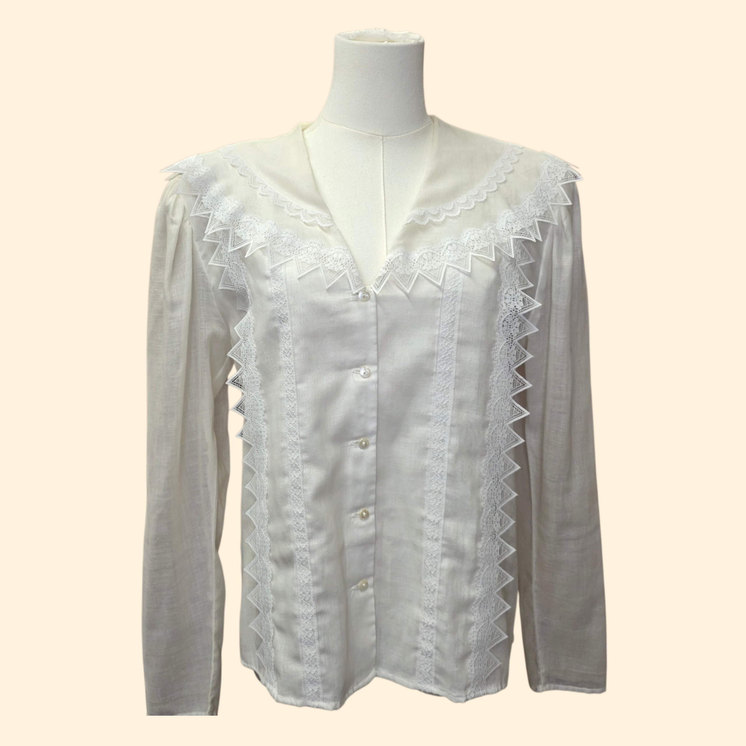1980s Gunne Sax Victorian Style Ivory Lace Trim Blouse ~ Large