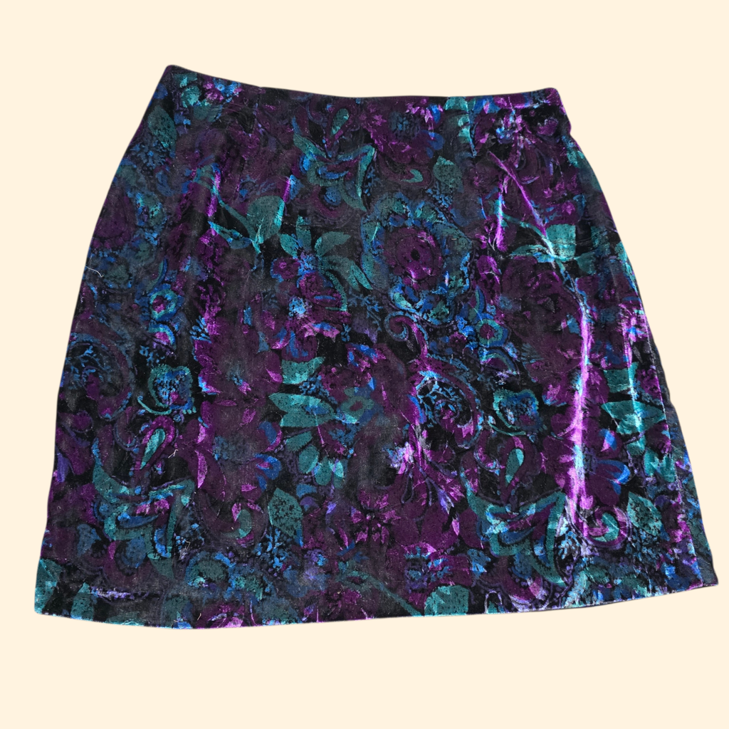 1990s Floral Velvet Mini Skirt ~ Medium ~ Purple Blue Teal