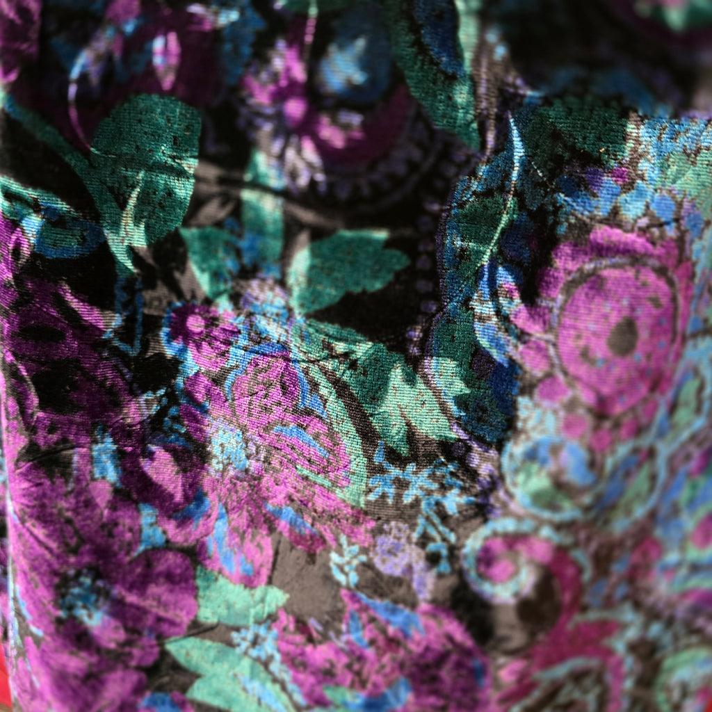 1990s Floral Velvet Mini Skirt ~ Medium ~ Purple Blue Teal