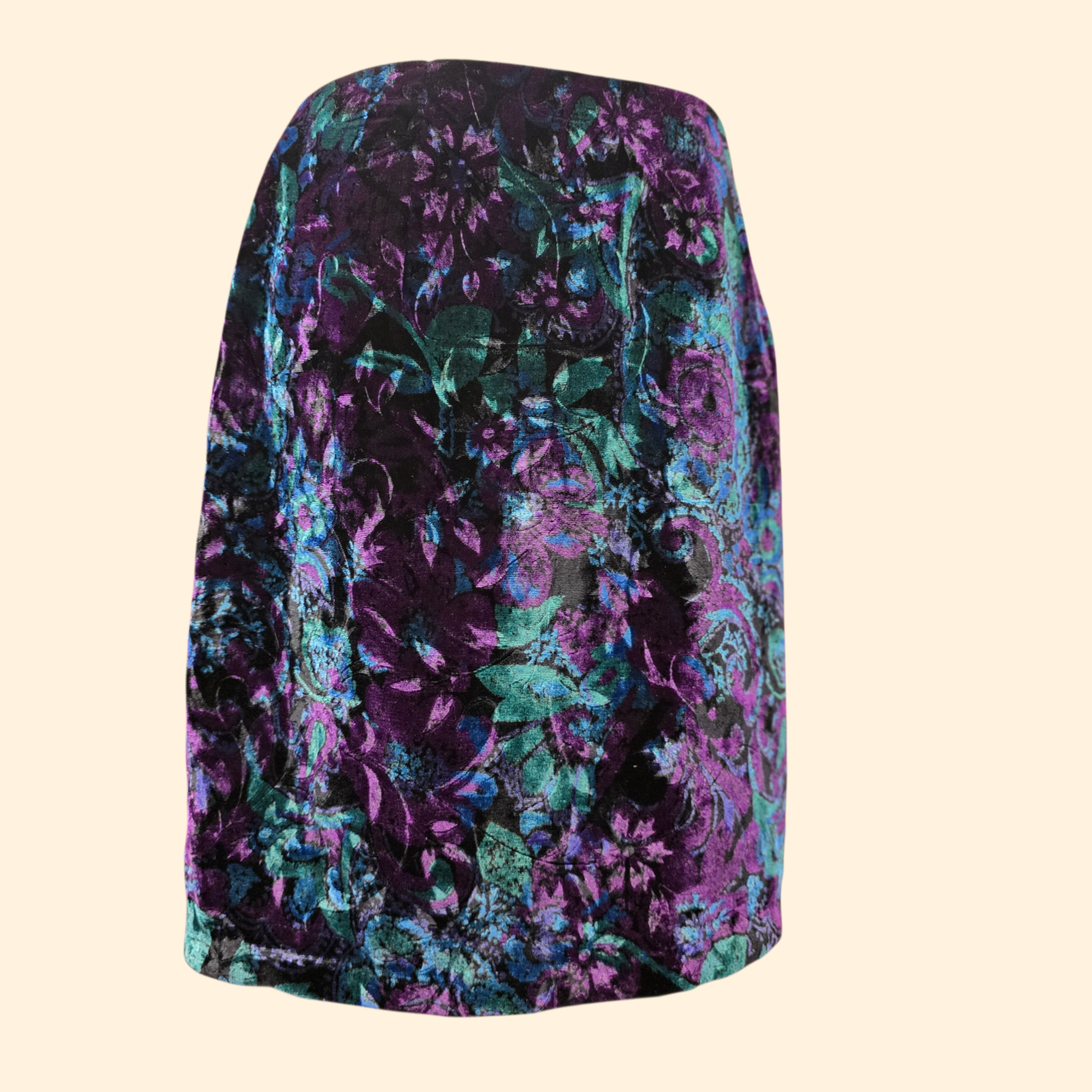 1990s Floral Velvet Mini Skirt ~ Medium ~ Purple Blue Teal