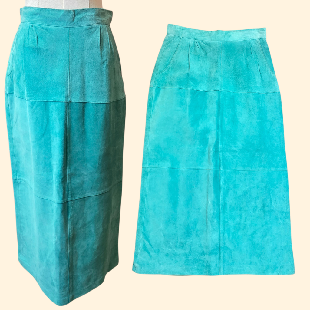 1990s Teal Suede Pencil Maxi Skirt ~ Medium ~ Pigskin Suede