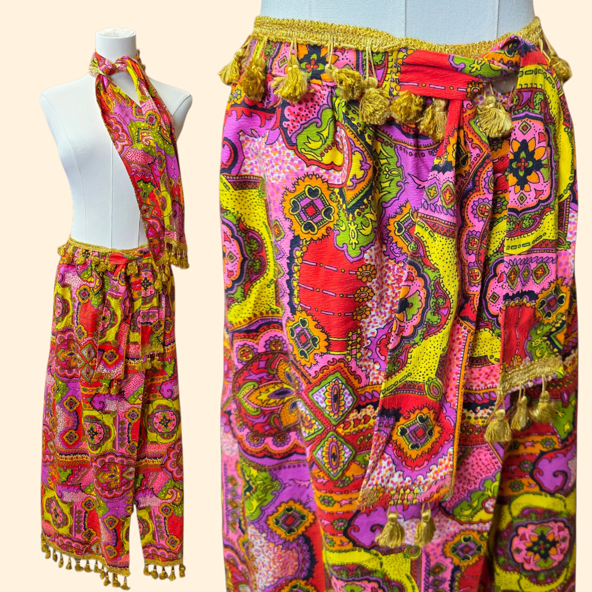 1960s Psychedelic Cotton Barkcloth Wrap Maxi Skirt ~ Medium Large ~ Tassels Dayglo