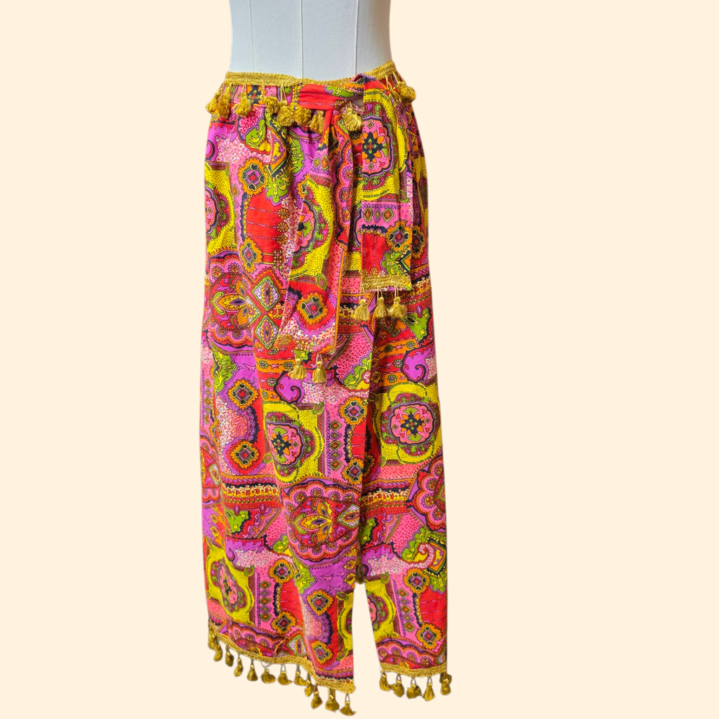 1960s Psychedelic Cotton Barkcloth Wrap Maxi Skirt ~ Medium Large ~ Tassels Dayglo