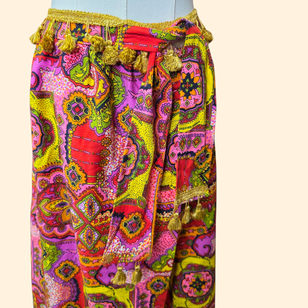 1960s Psychedelic Cotton Barkcloth Wrap Maxi Skirt ~ Medium Large ~ Tassels Dayglo
