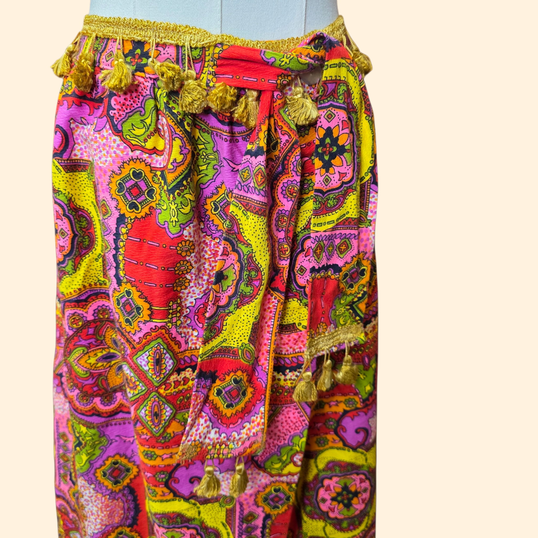 1960s Psychedelic Cotton Barkcloth Wrap Maxi Skirt ~ Medium Large ~ Tassels Dayglo