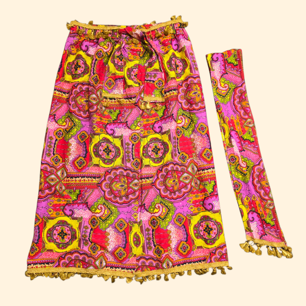 1960s Psychedelic Cotton Barkcloth Wrap Maxi Skirt ~ Medium Large ~ Tassels Dayglo