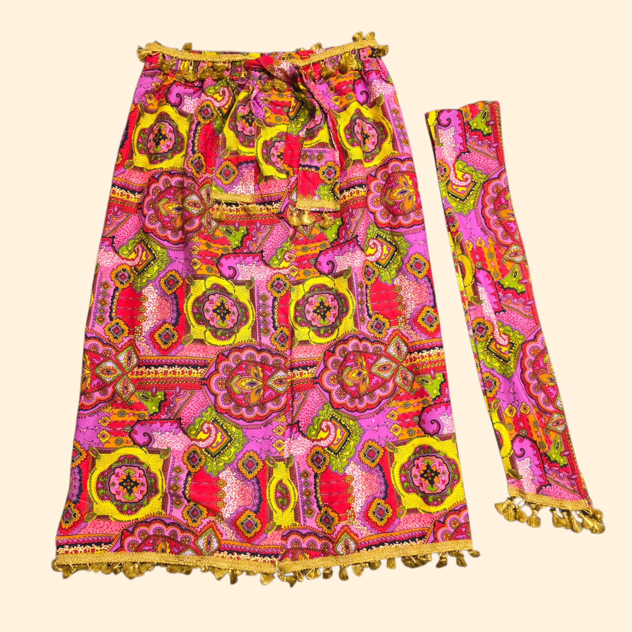 1960s Psychedelic Cotton Barkcloth Wrap Maxi Skirt ~ Medium Large ~ Tassels Dayglo