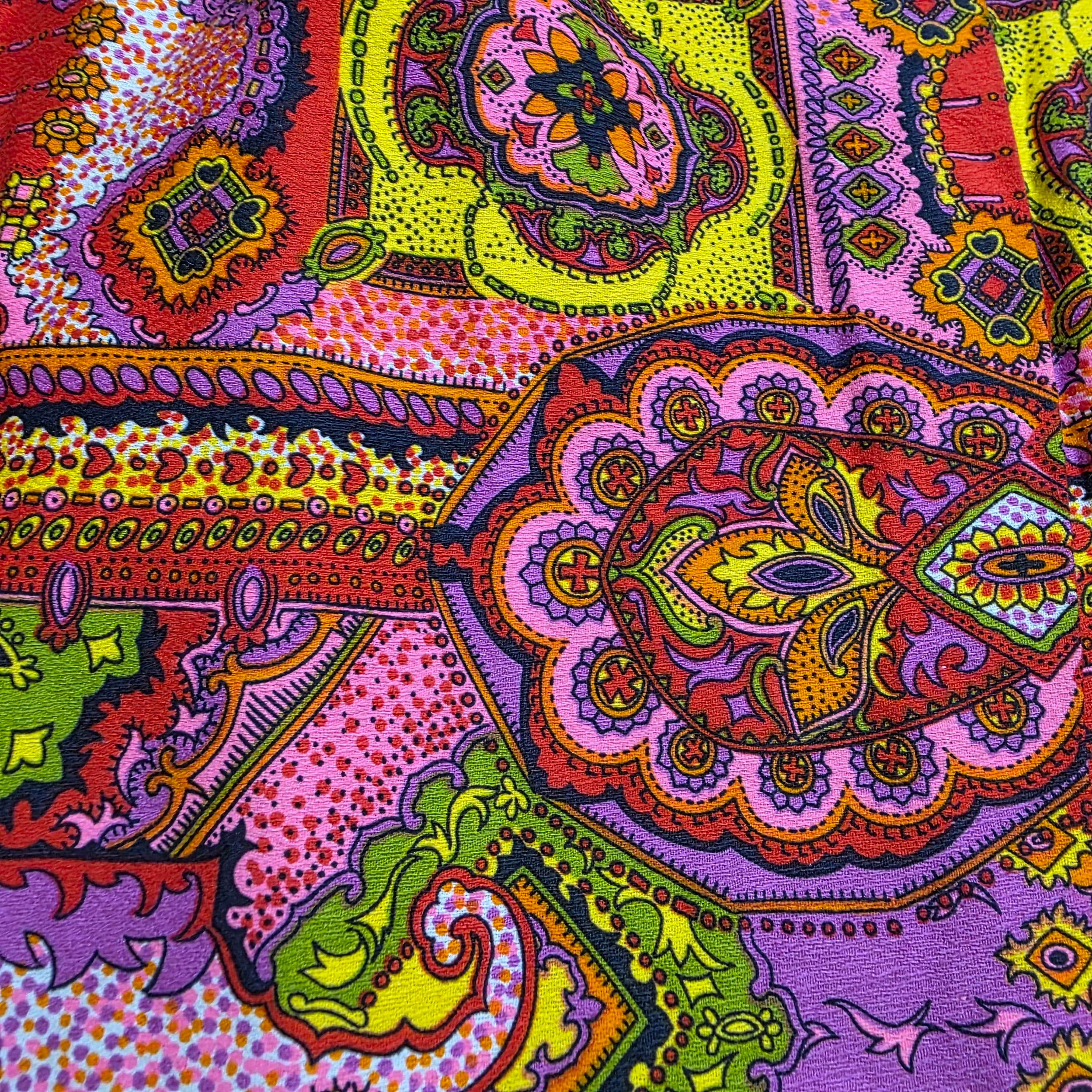 1960s Psychedelic Cotton Barkcloth Wrap Maxi Skirt ~ Medium Large ~ Tassels Dayglo