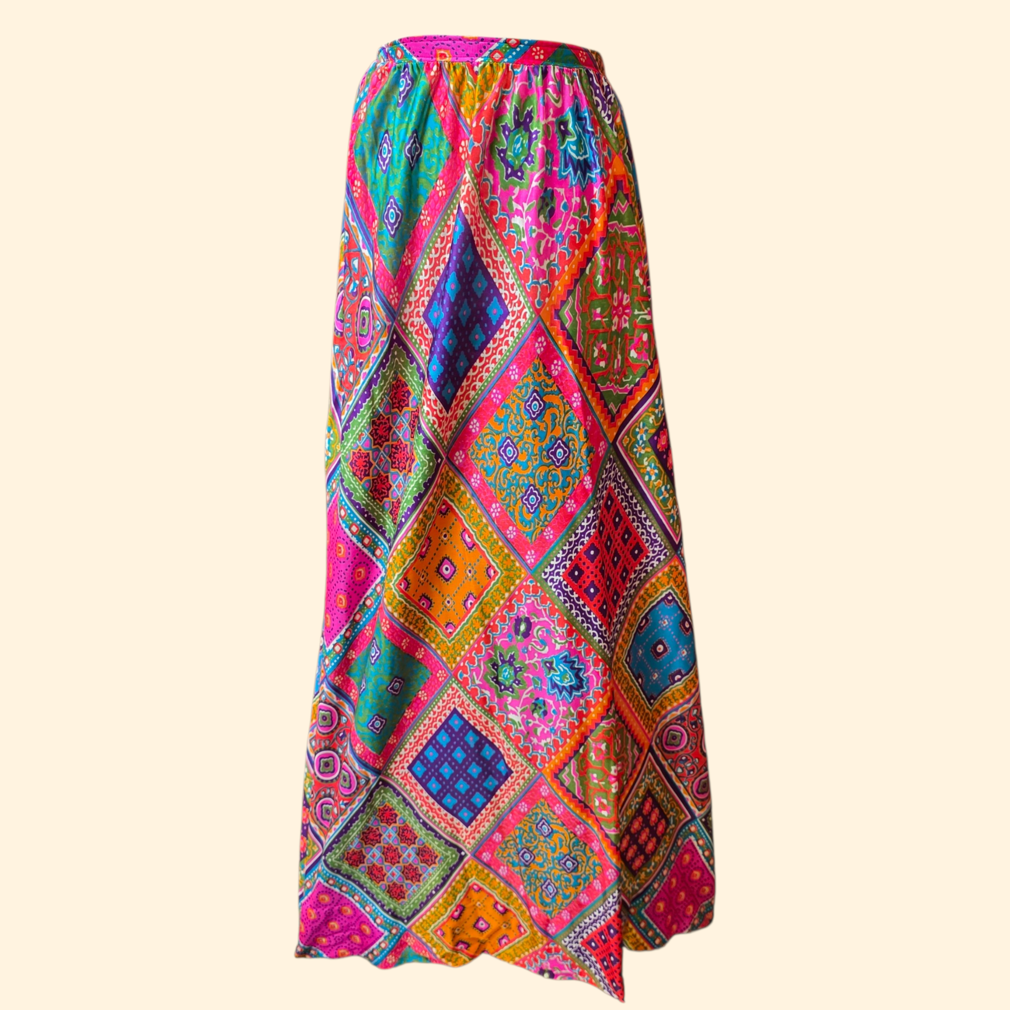 1960s Patchwork Print Maxi Skirt ~ Large ~ Dayglo Nylon