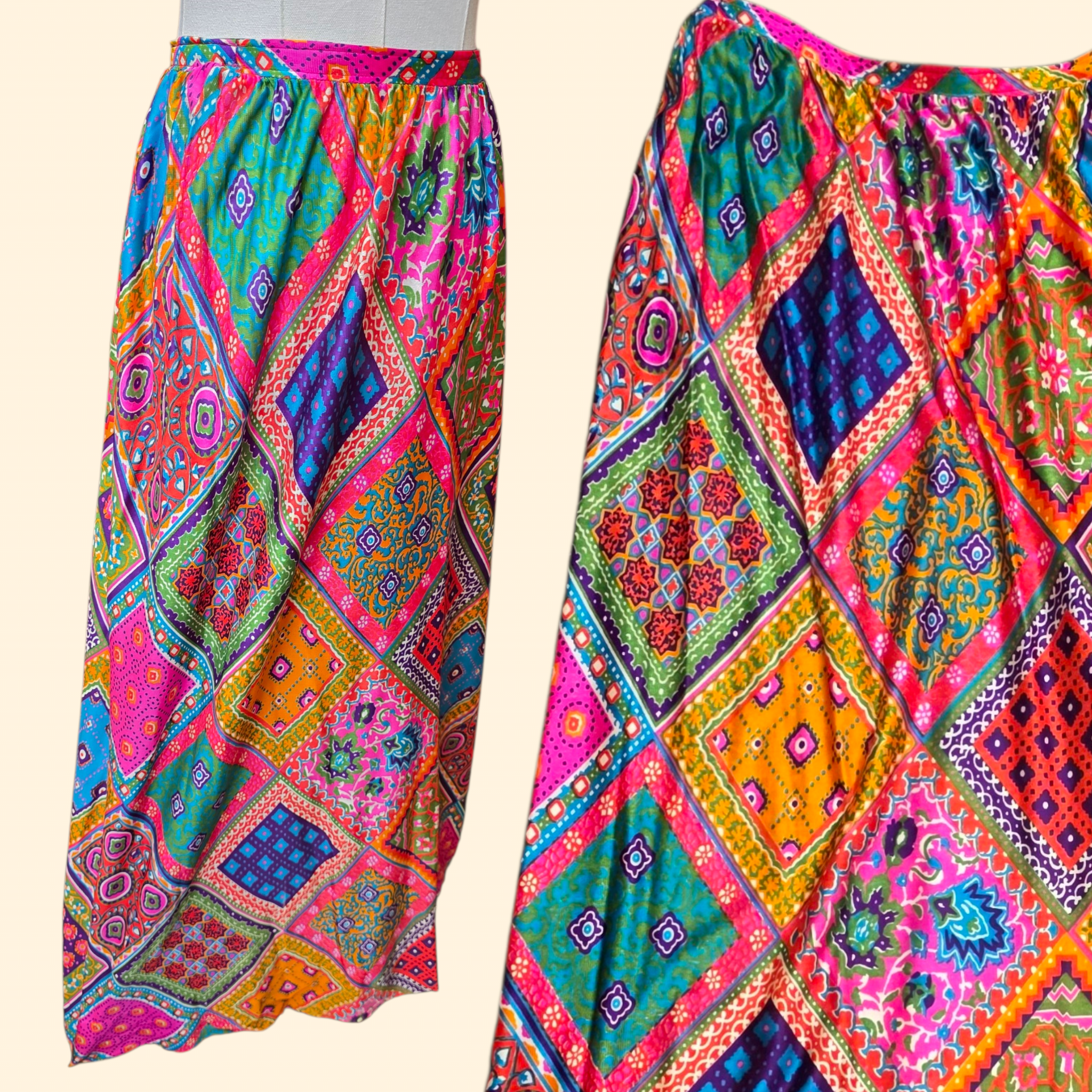 1960s Patchwork Print Maxi Skirt ~ Large ~ Dayglo Nylon