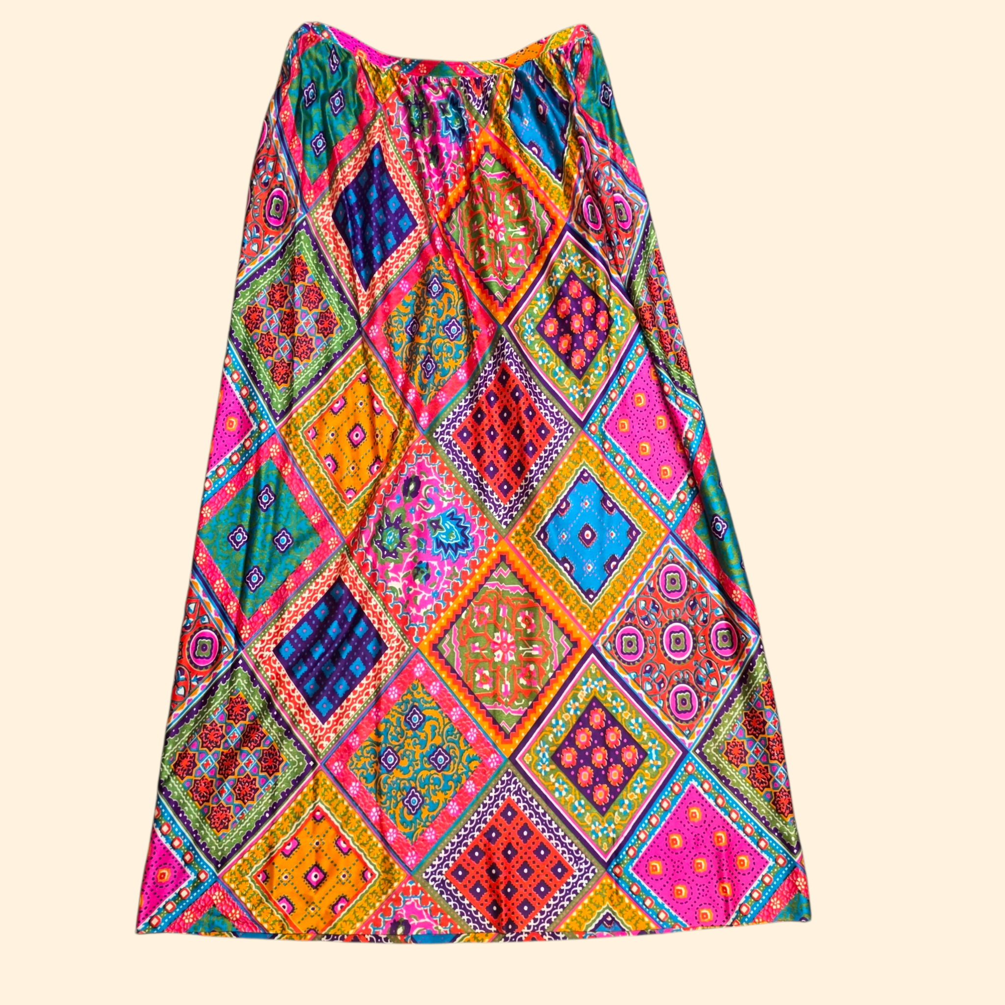 1960s Patchwork Print Maxi Skirt ~ Large ~ Dayglo Nylon