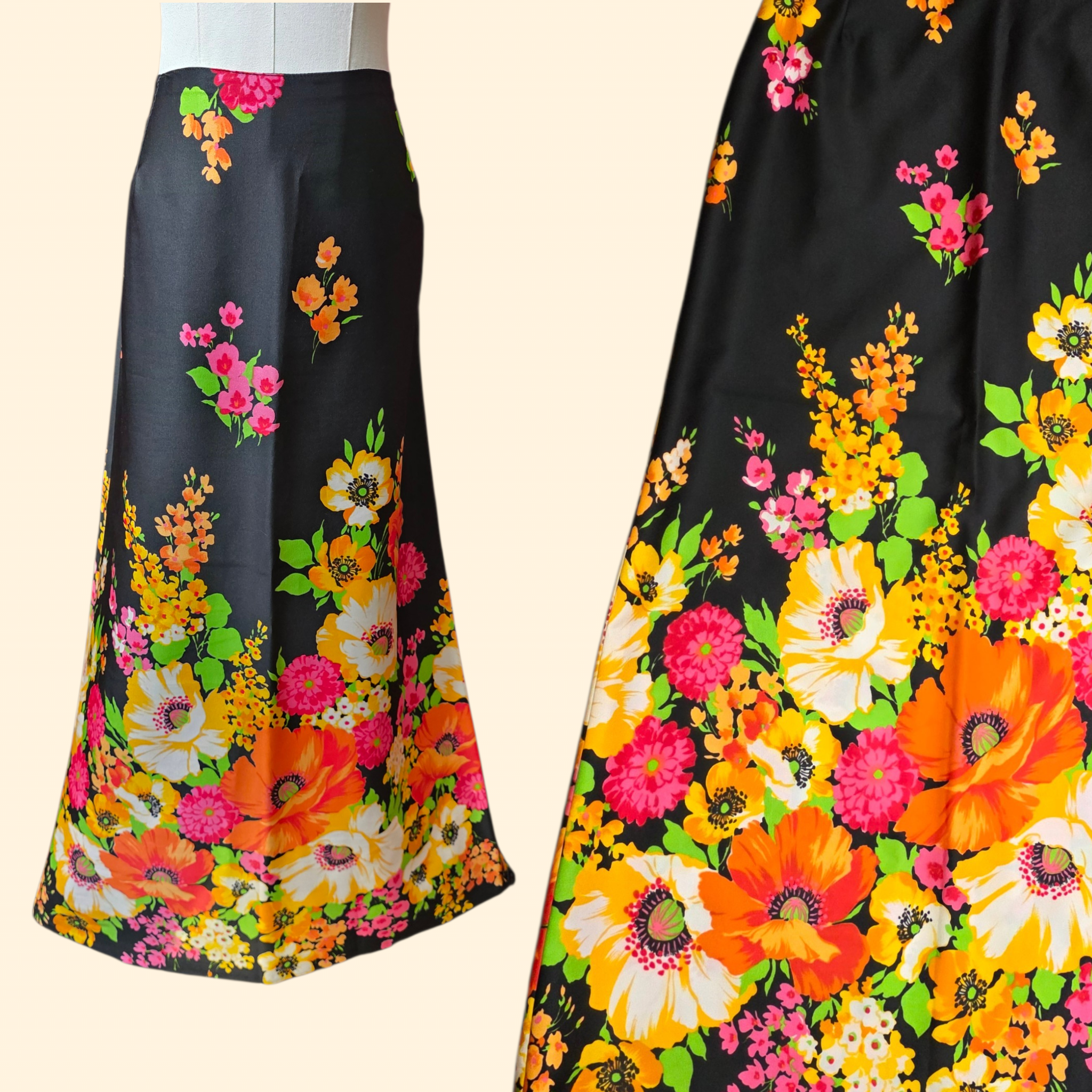 1960s Bold Floral Maxi Skirt ~ Medium ~ Dayglo Polyester