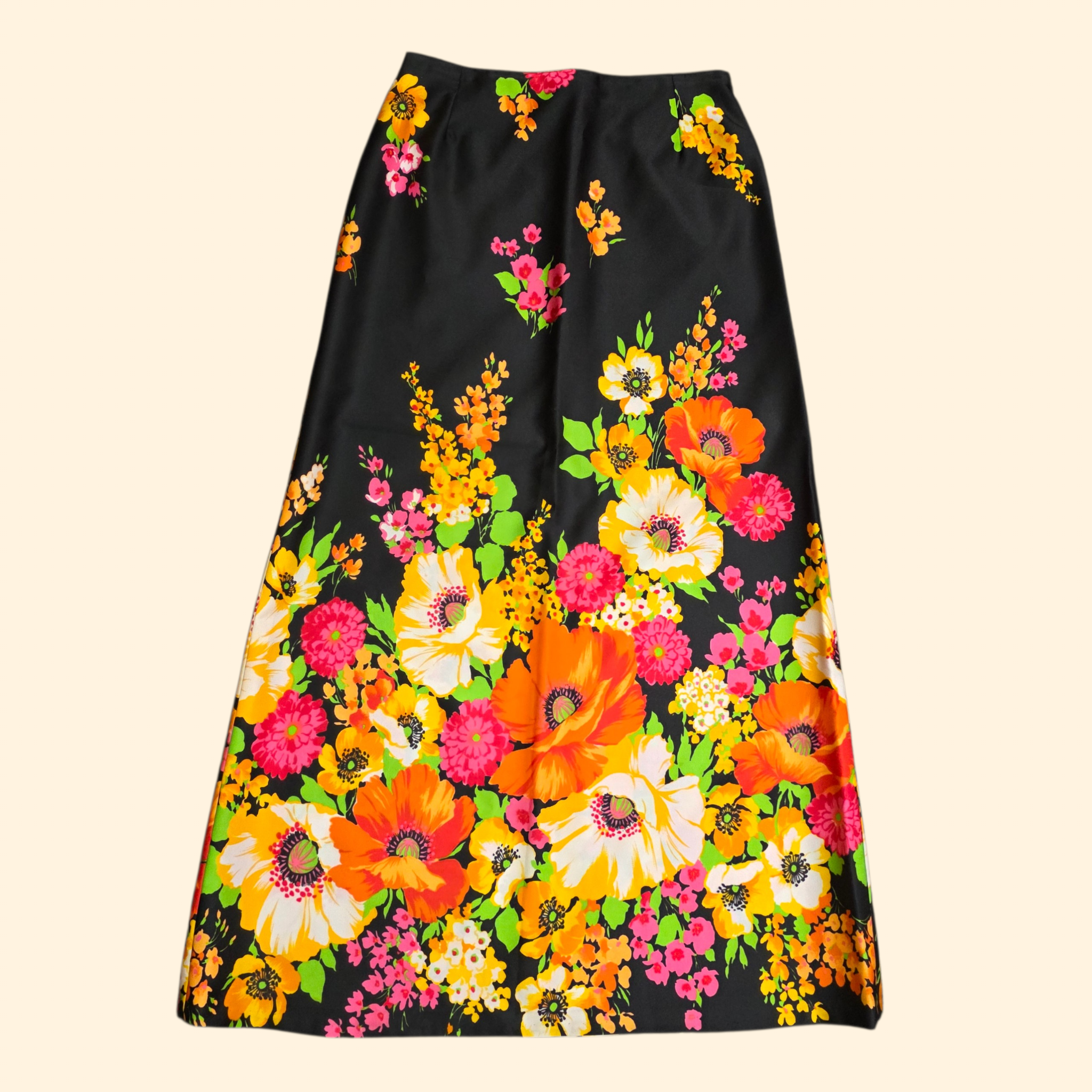 1960s Bold Floral Maxi Skirt ~ Medium ~ Dayglo Polyester
