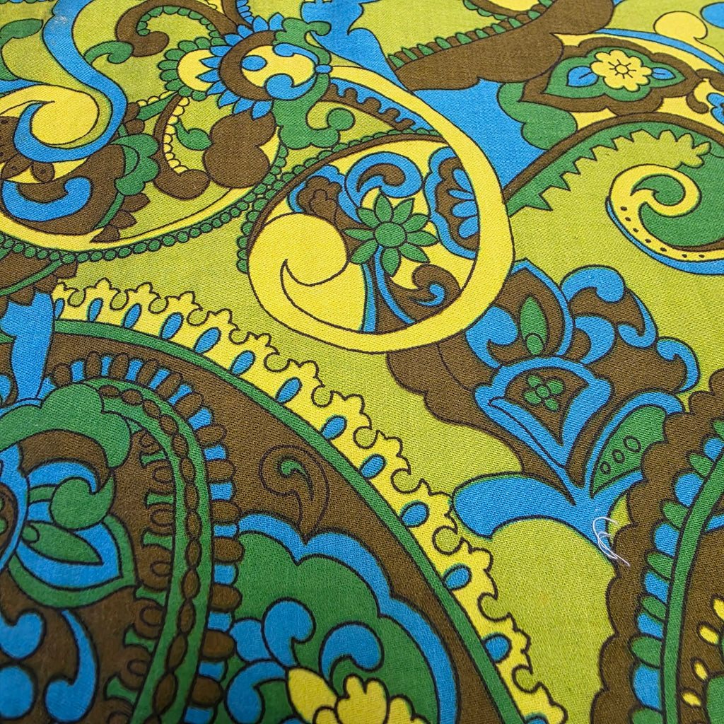 1960s Design House Psychedelic Paisley Print Smock Tunic ~ One Size Fits Most ~ Chartreuse Teal Cotton
