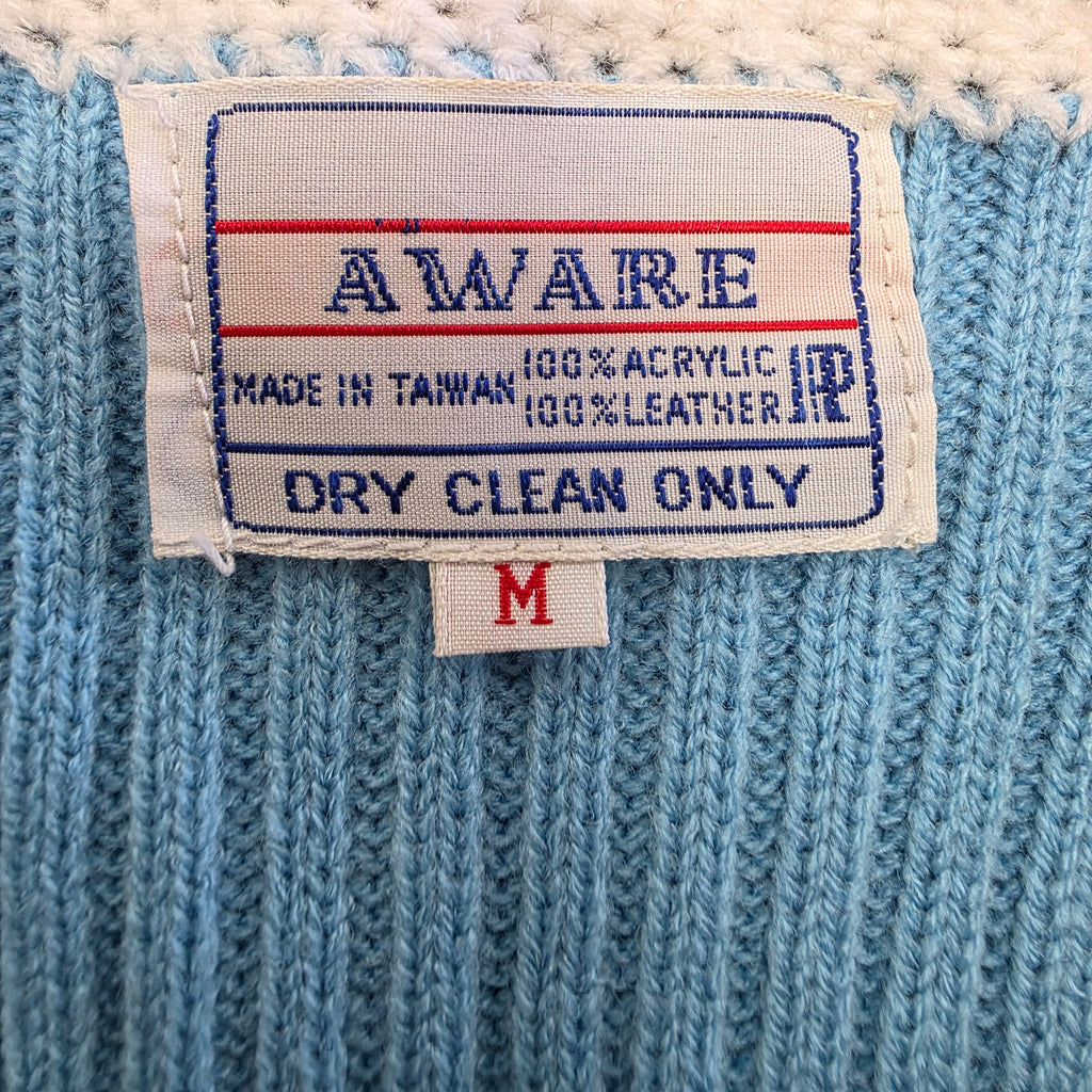 1970s Acrylic Knit Sweater Vest with Suede Pachwork ~ Medium ~ Baby Blue Yellow Orange