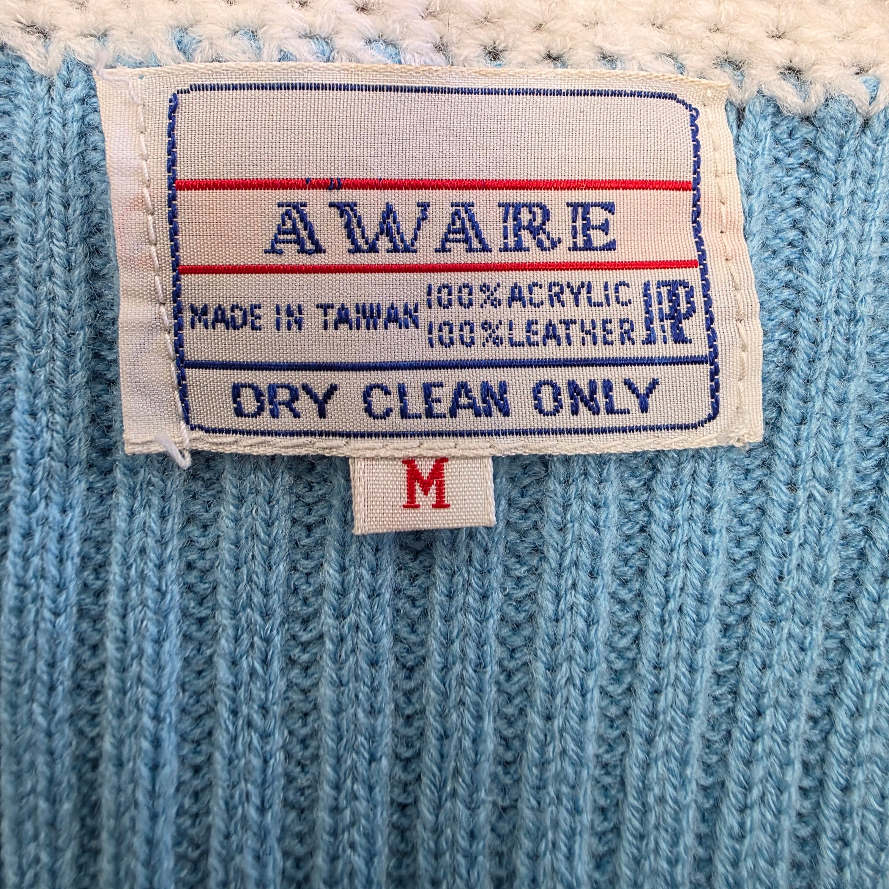 1970s Acrylic Knit Sweater Vest with Suede Pachwork ~ Medium ~ Baby Blue Yellow Orange