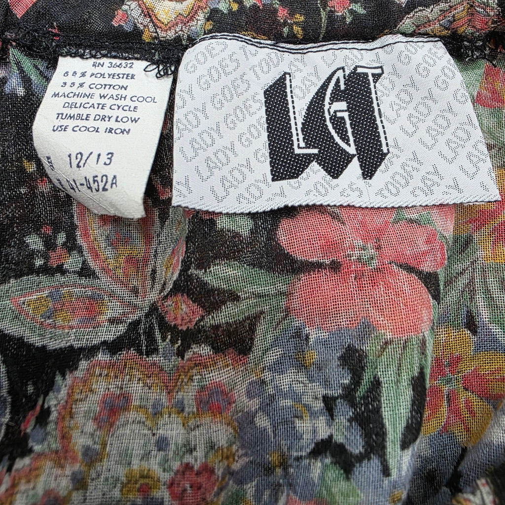 1970s Boho Floral Cropped Tank Top ~ Medium ~ Ruffle Black Pastel