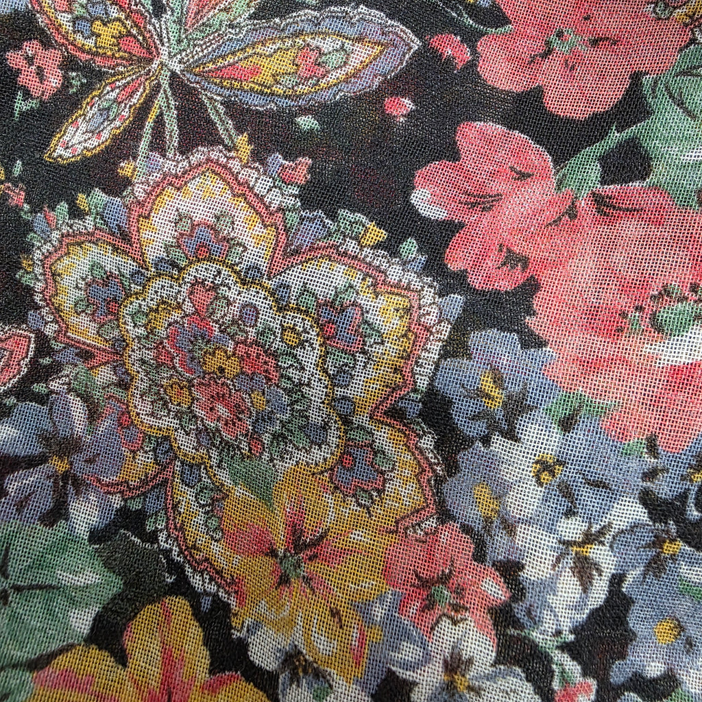 1970s Boho Floral Cropped Tank Top ~ Medium ~ Ruffle Black Pastel
