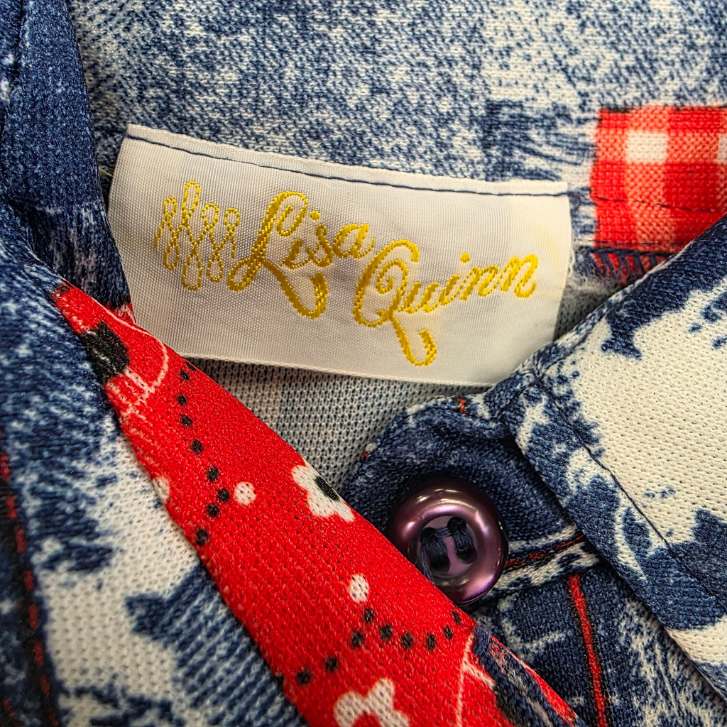 1970s 3 Piece Denim and Bandana Patchwork Print Polyester Pantsuit ~ Medium ~ Red White Blue Flare Pants Set