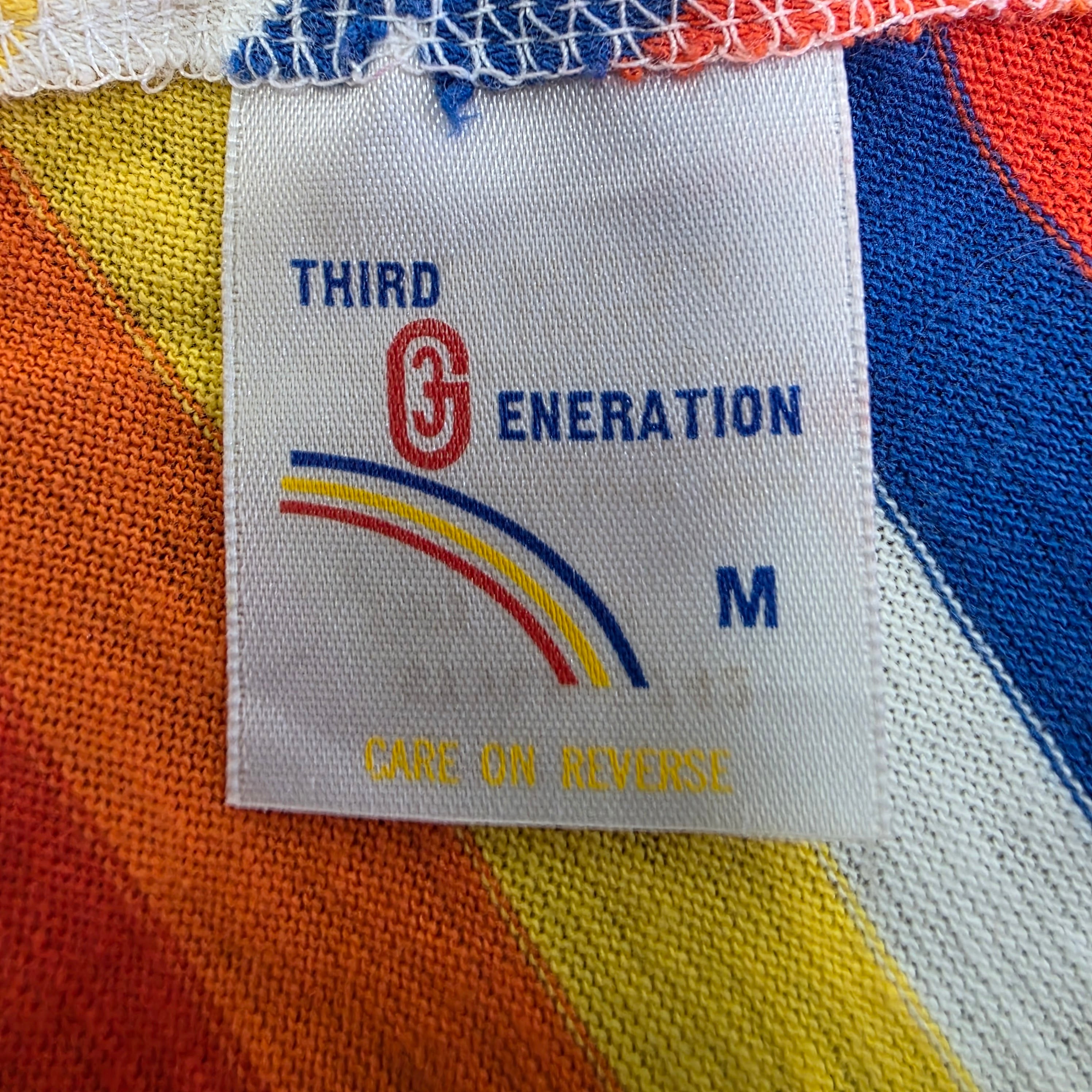 1970s Diagonal Stripe Cap Sleeve T Shirt ~ Medium ~ Blue Orange Yellow