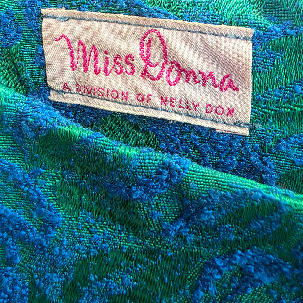 1960s Botanical Jacquard Shift Cocktail Dress ~ Small ~ Blue Green