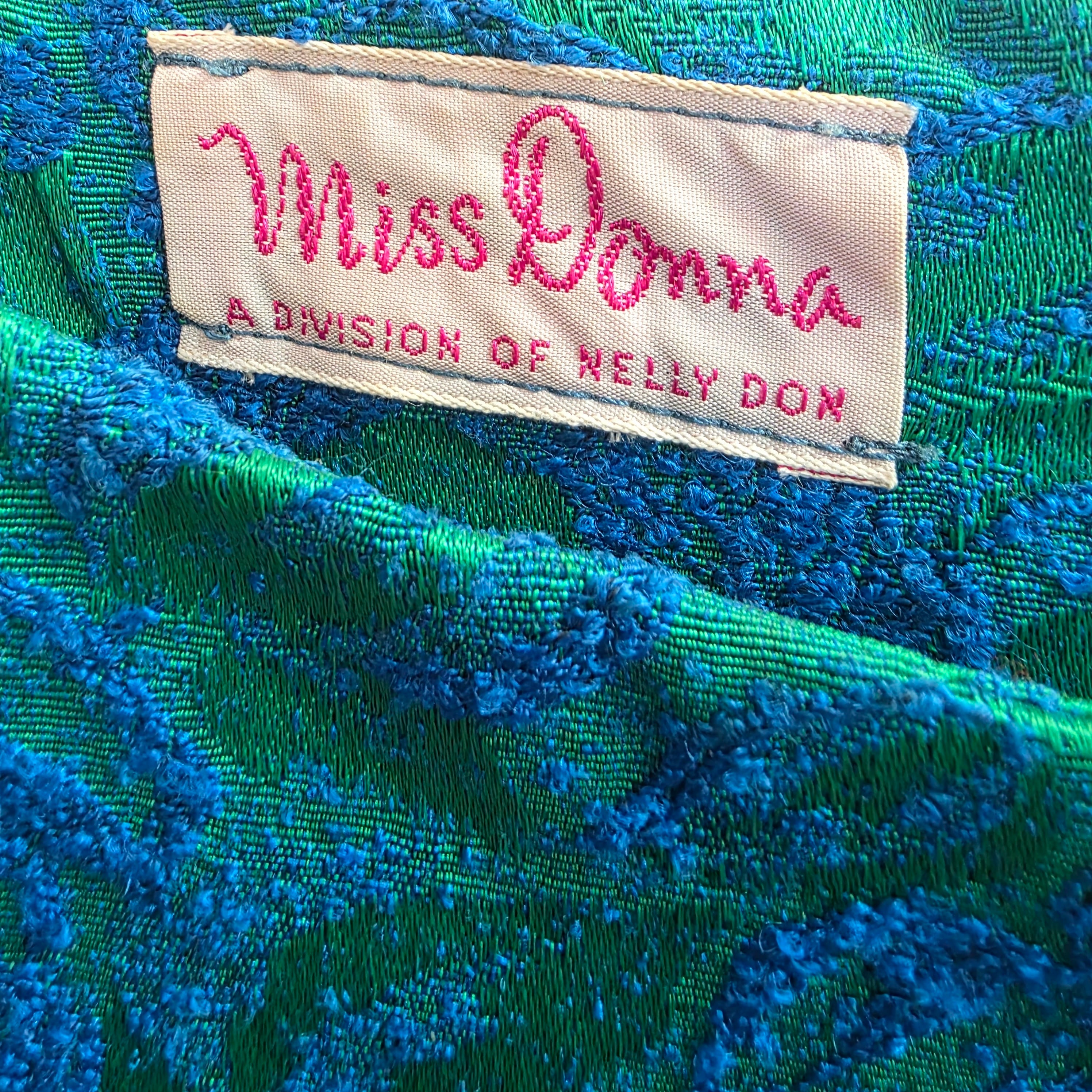 1960s Botanical Jacquard Shift Cocktail Dress ~ Small ~ Blue Green