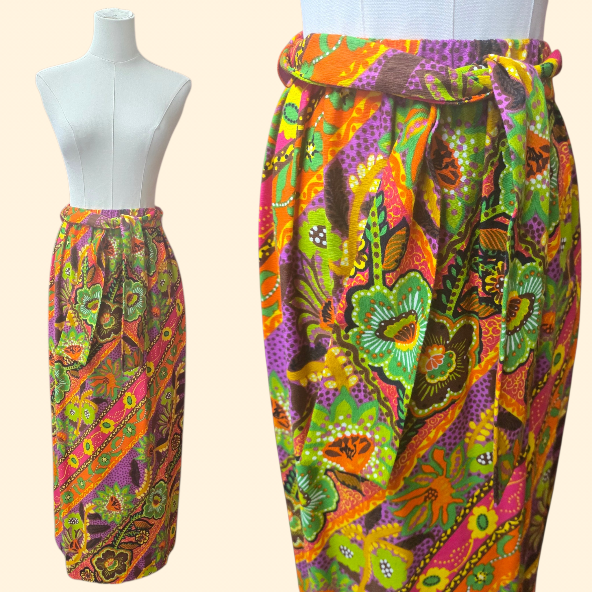 1960s Alice Psychedelic Floral Barkcloth Maxi Skirt ~ Medium ~ Dayglo Hawaiian