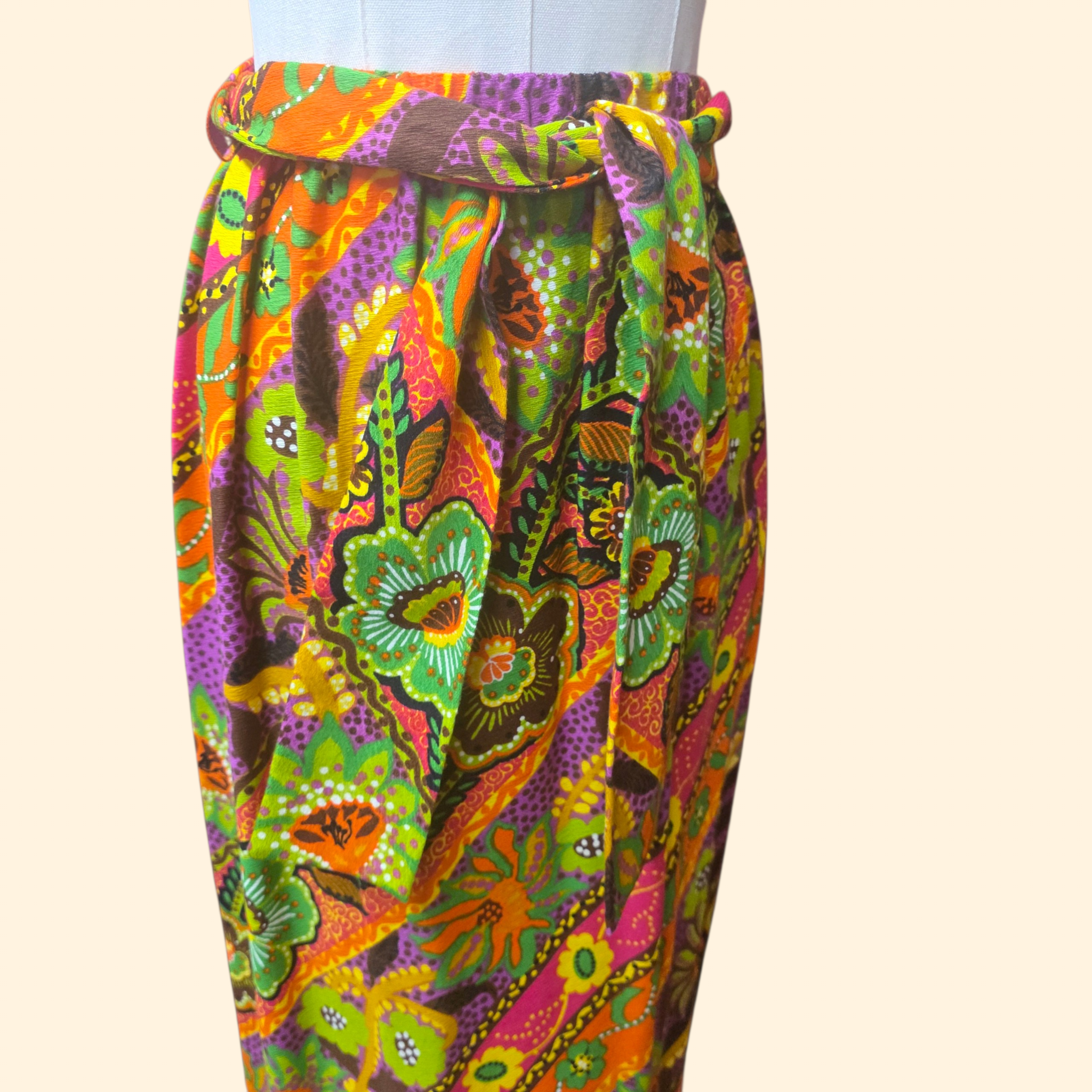 1960s Alice Psychedelic Floral Barkcloth Maxi Skirt ~ Medium ~ Dayglo Hawaiian