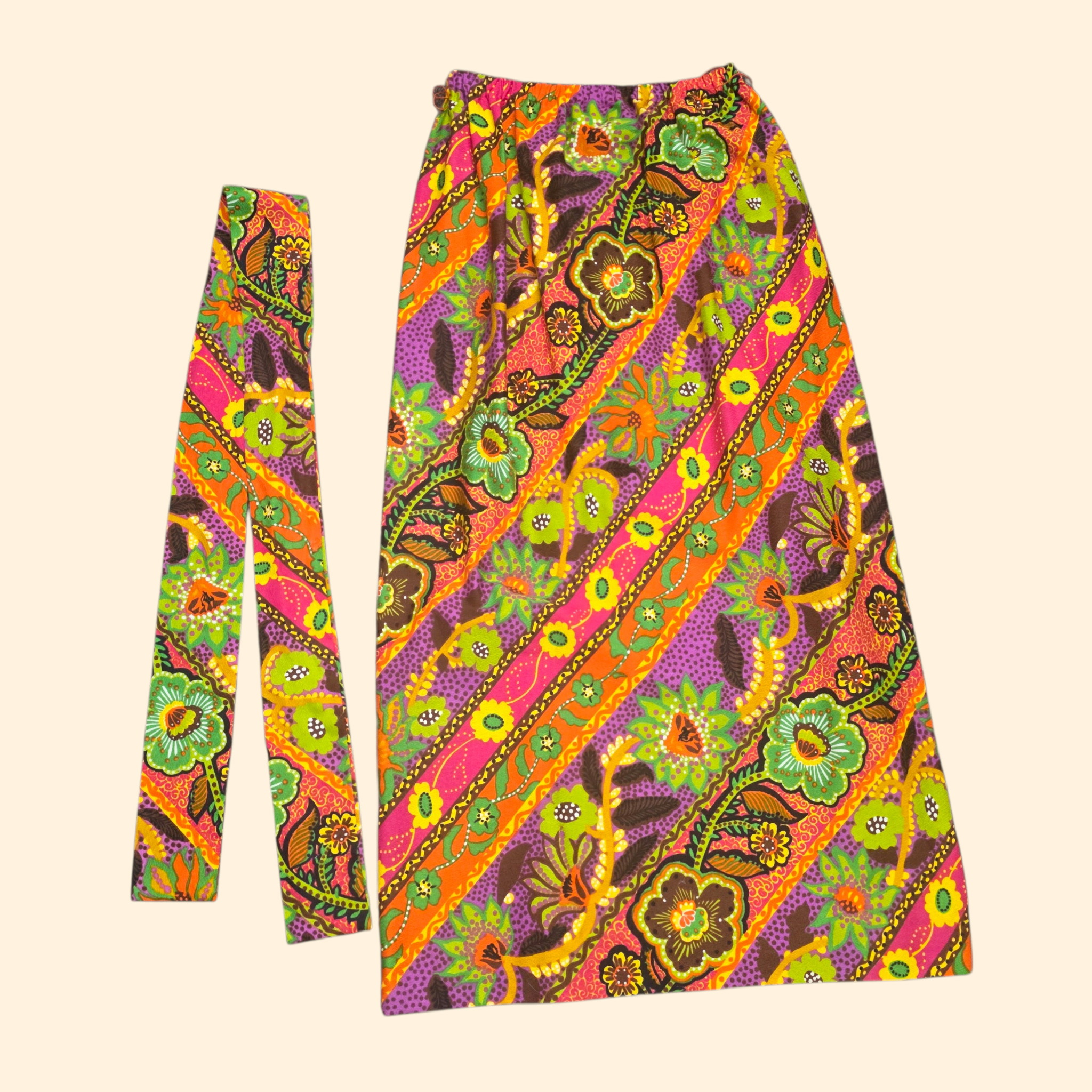 1960s Alice Psychedelic Floral Barkcloth Maxi Skirt ~ Medium ~ Dayglo Hawaiian