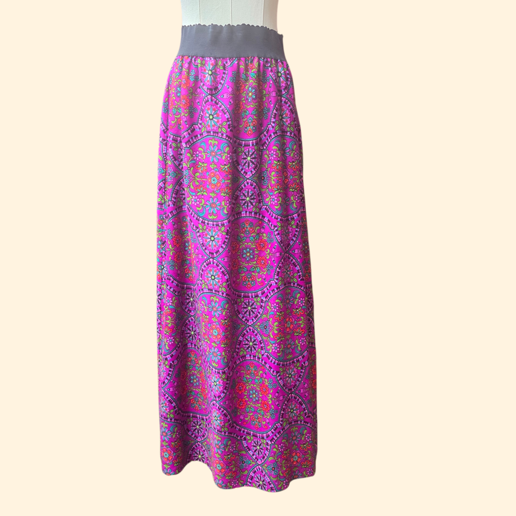 1960s Psychedelic Floral Print Maxi Skirt ~ Small Medium ~ Acrylic Dayglo