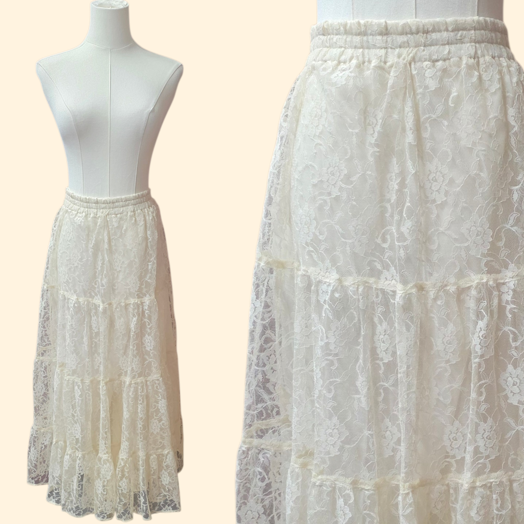 1980s Ivory Tiered Lace Western Maxi Skirt ~ Large ~ Boho