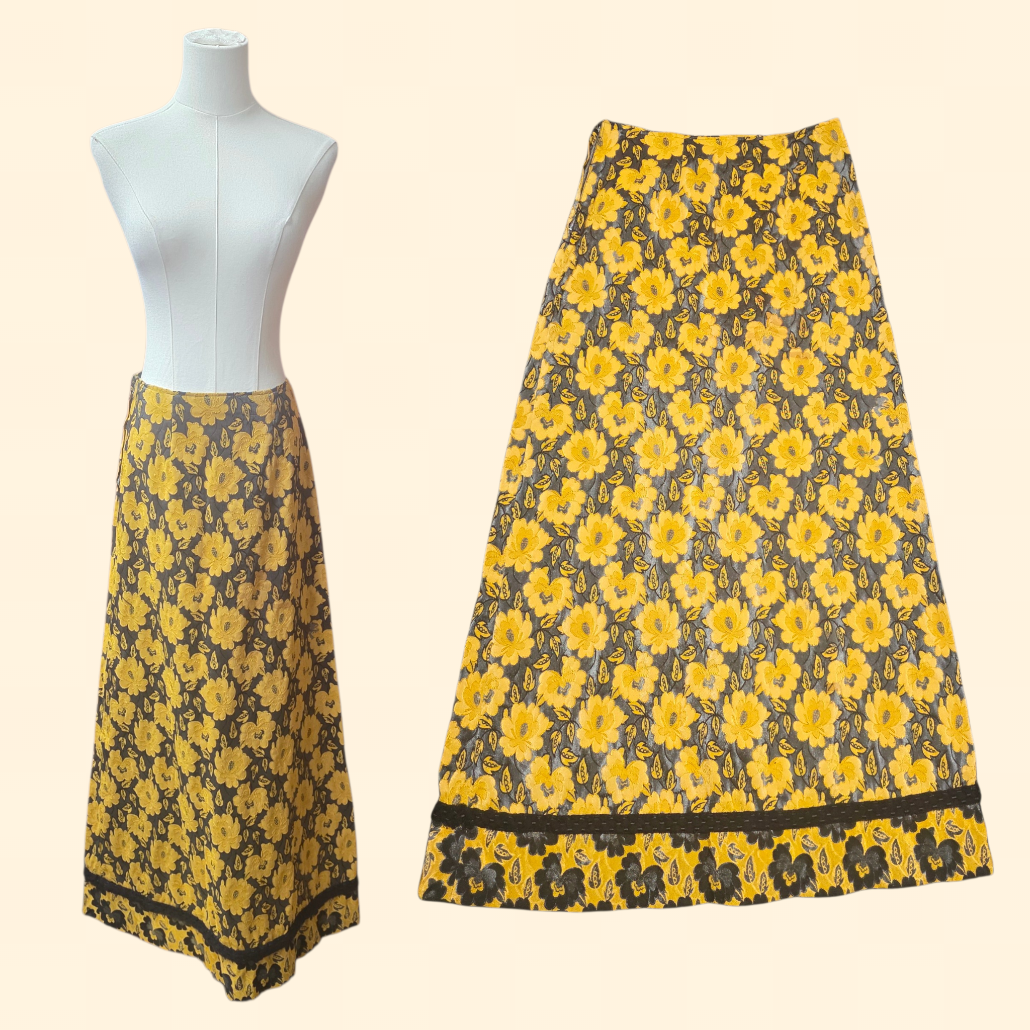 1960s Floral Brocade Maxi Skirt ~ Medium ~ A-line Charcoal Mustard Black