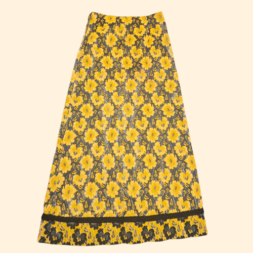 1960s Floral Brocade Maxi Skirt ~ Medium ~ A-line Charcoal Mustard Black