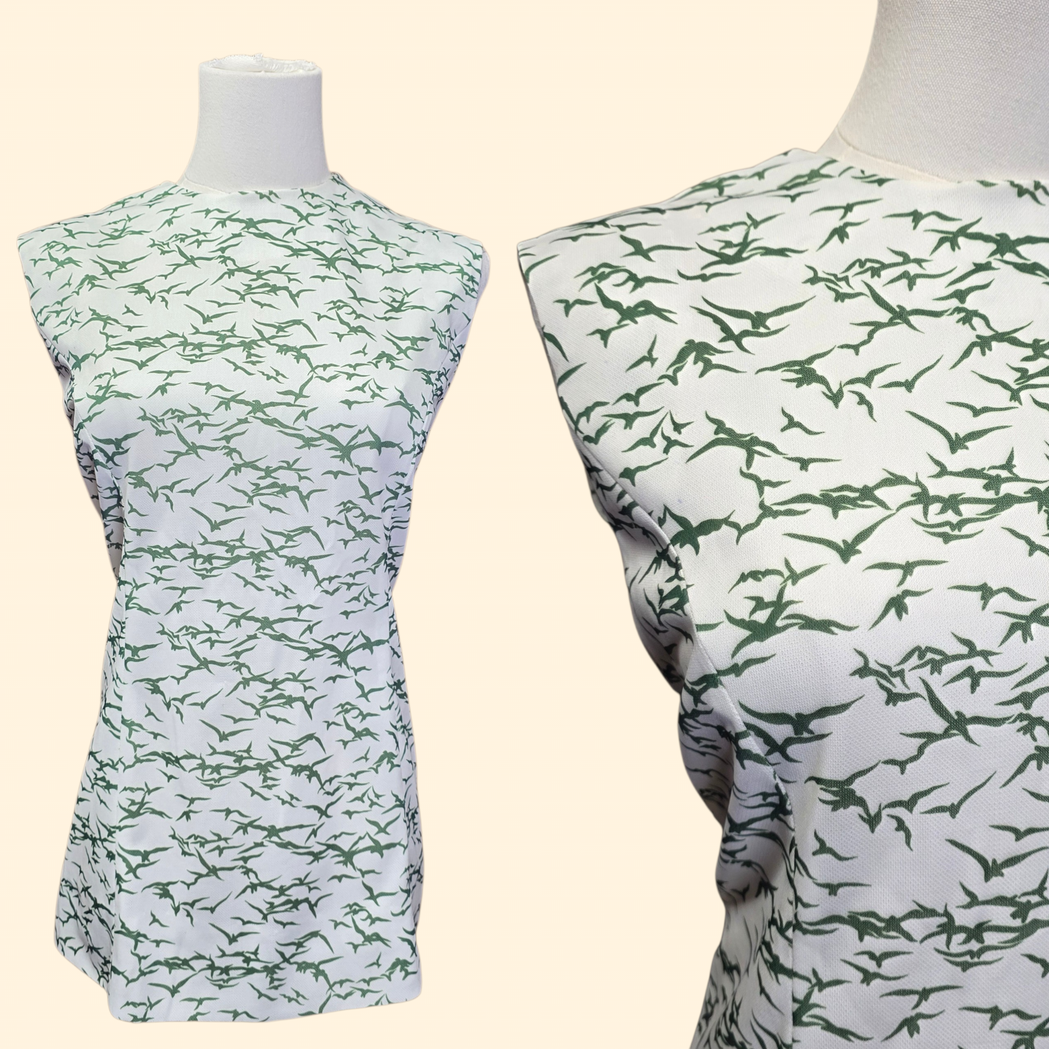 1960s Novelty Bird Print Polyester Shell Tank Top ~ Large ~ Sleeveless Green White