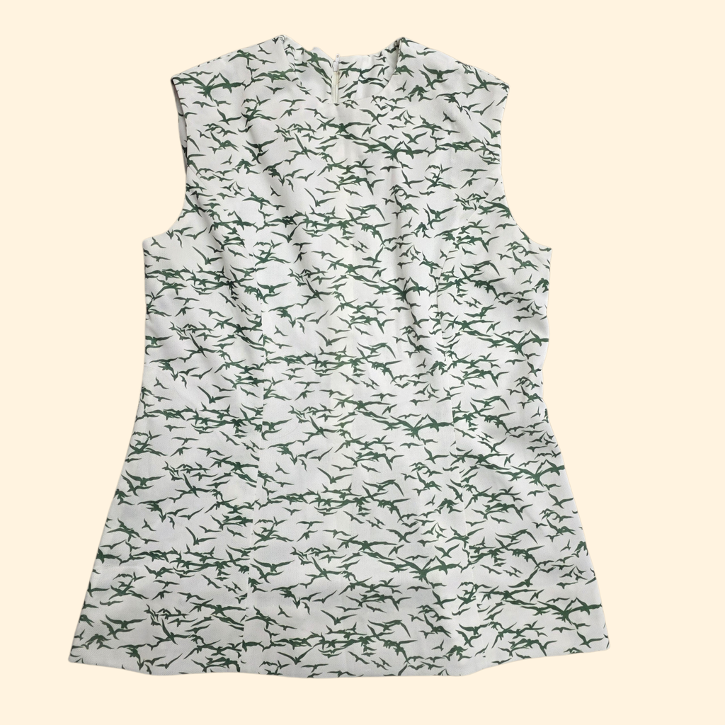 1960s Novelty Bird Print Polyester Shell Tank Top ~ Large ~ Sleeveless Green White