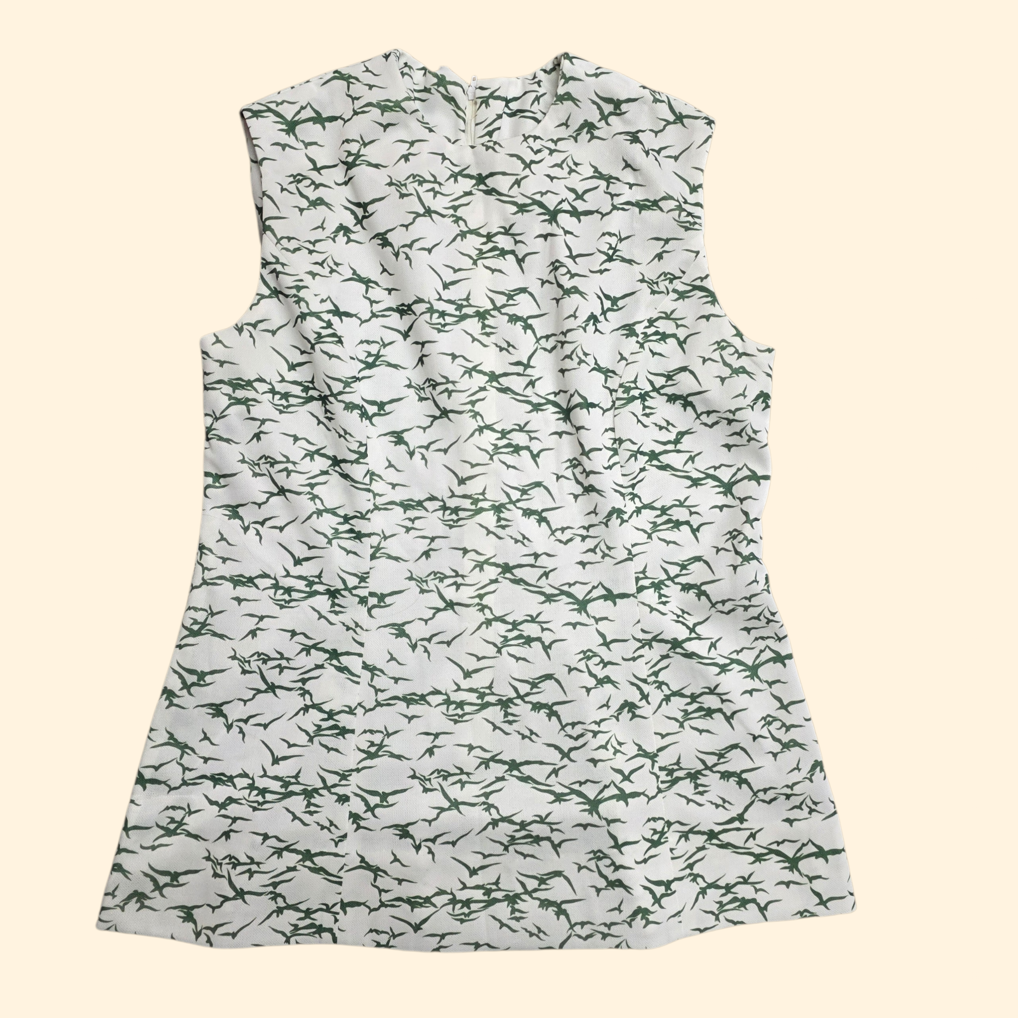 1960s Novelty Bird Print Polyester Shell Tank Top ~ Large ~ Sleeveless Green White