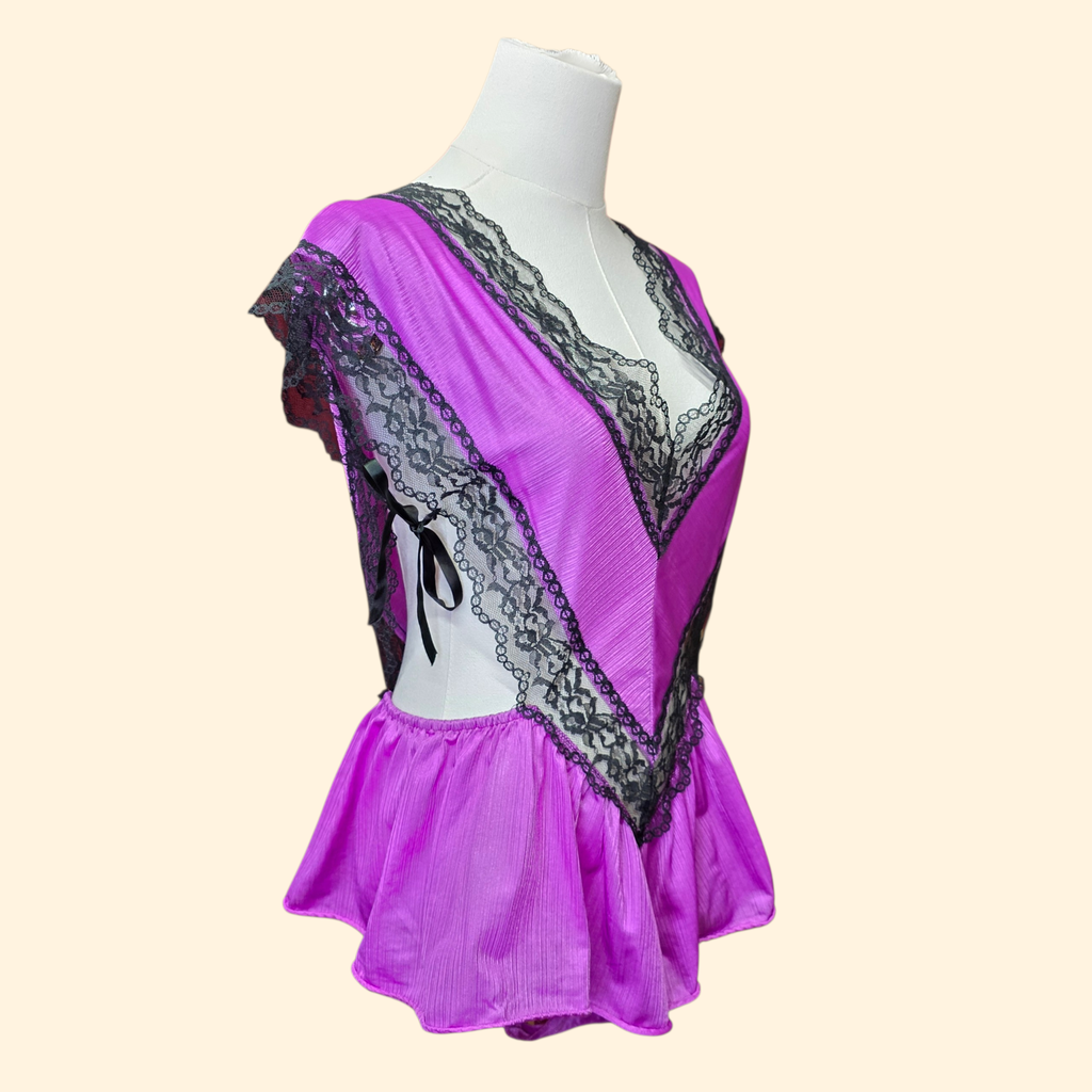 1980s Deep V Neck Teddy ~ Medium ~ Fuchsia Black Lace Lingerie