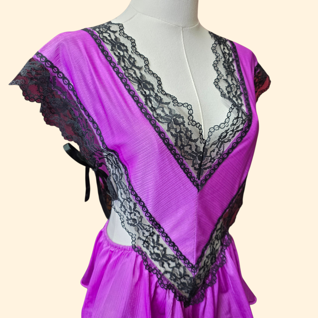 1980s Deep V Neck Teddy ~ Medium ~ Fuchsia Black Lace Lingerie