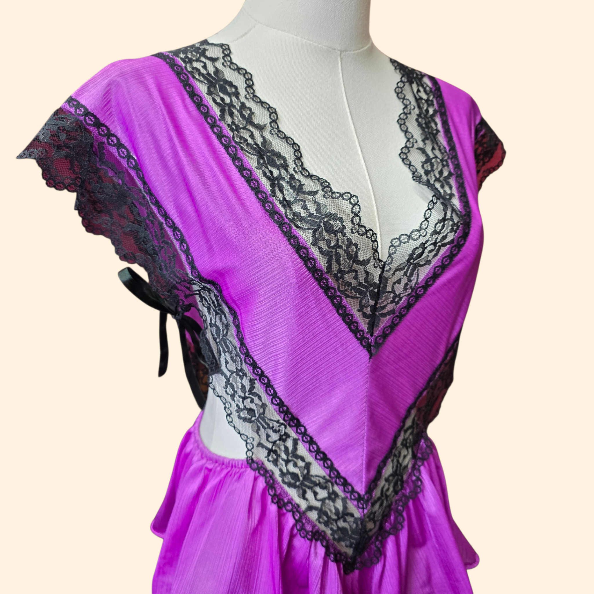 1980s Deep V Neck Teddy ~ Medium ~ Fuchsia Black Lace Lingerie