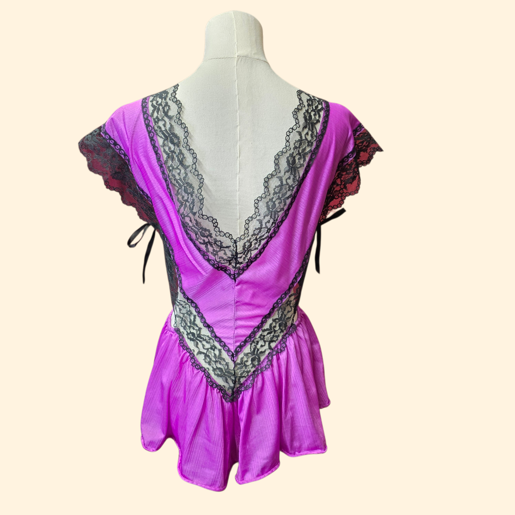 1980s Deep V Neck Teddy ~ Medium ~ Fuchsia Black Lace Lingerie