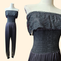 1970s Black Nylon Strapless Jumpsuit ~ Small ~ Lace Loungewear Sleepwear Lingerie