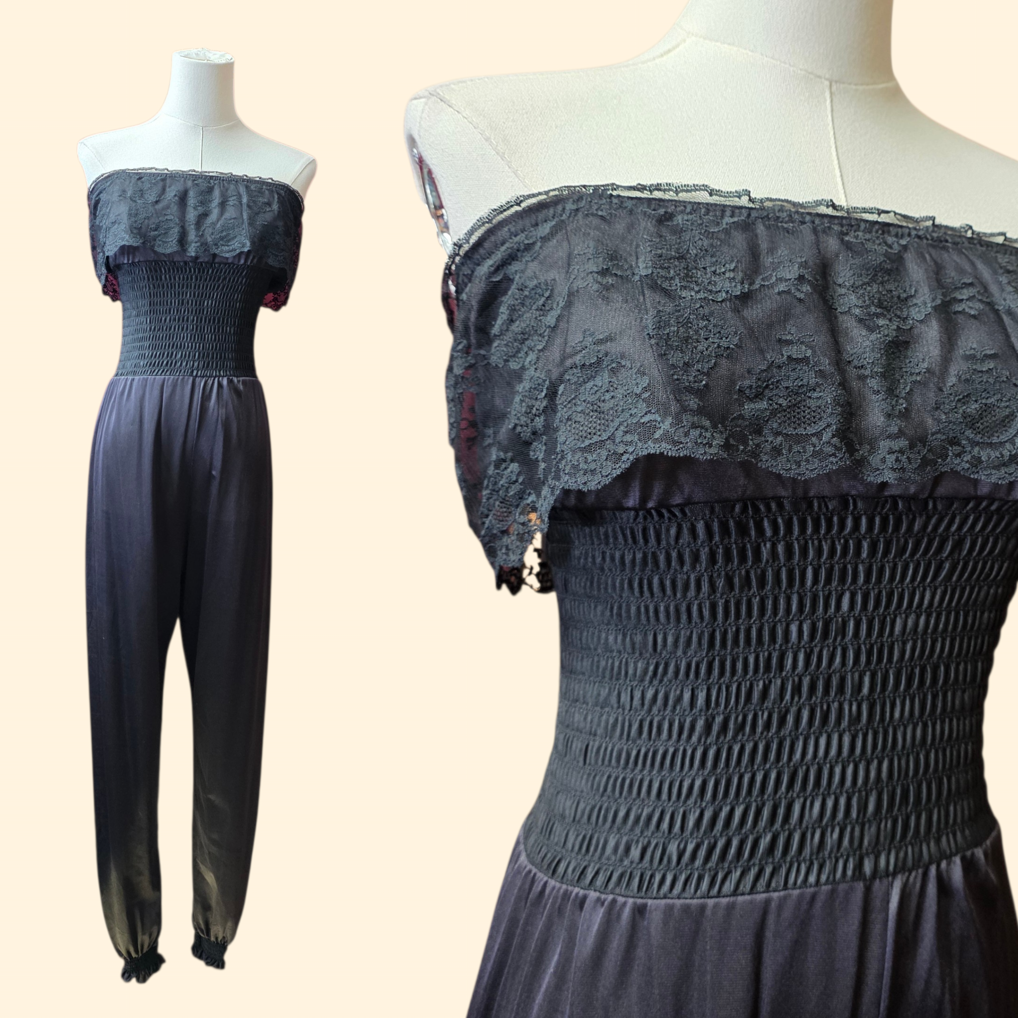 1970s Black Nylon Strapless Jumpsuit ~ Small ~ Lace Loungewear Sleepwear Lingerie