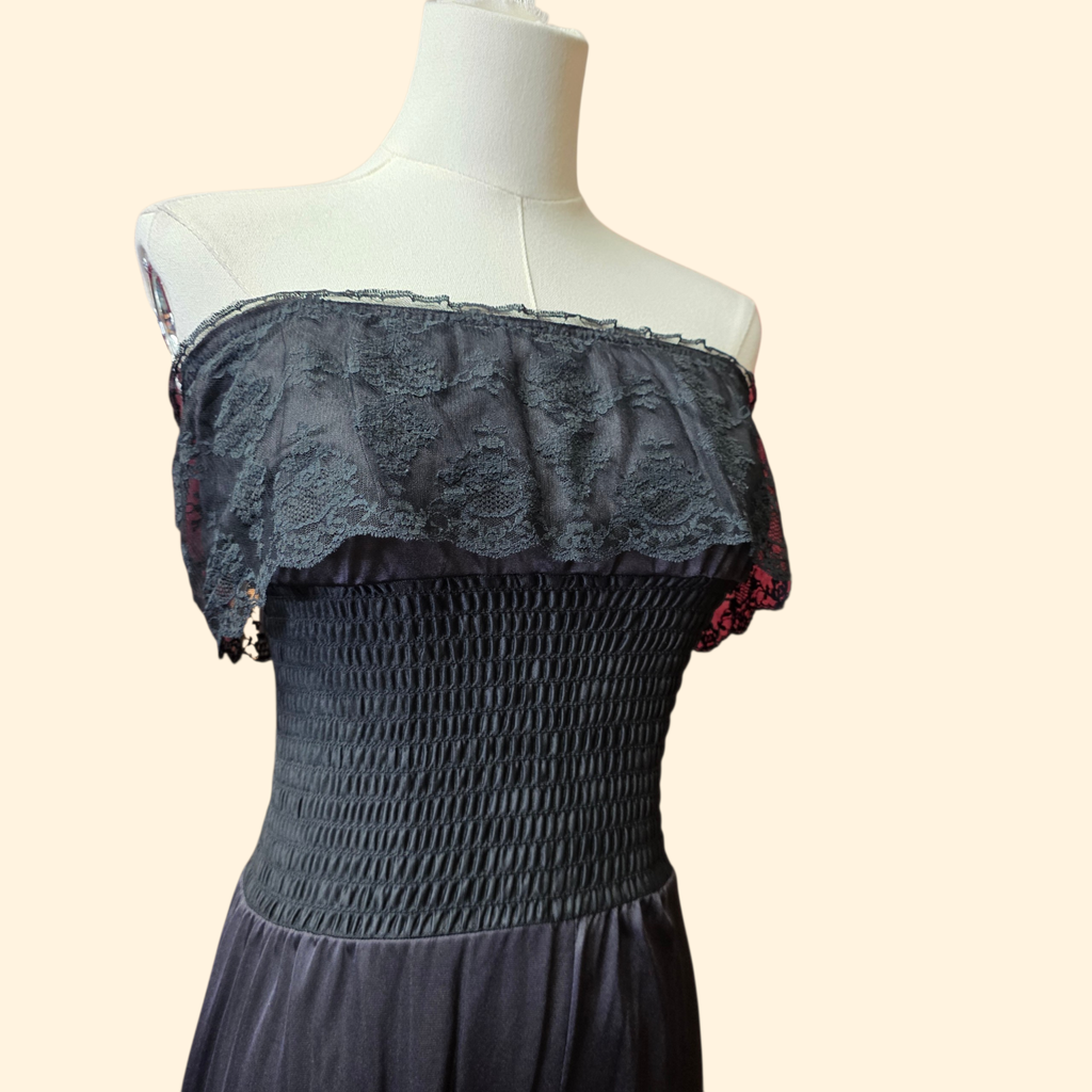 1970s Black Nylon Strapless Jumpsuit ~ Small ~ Lace Loungewear Sleepwear Lingerie