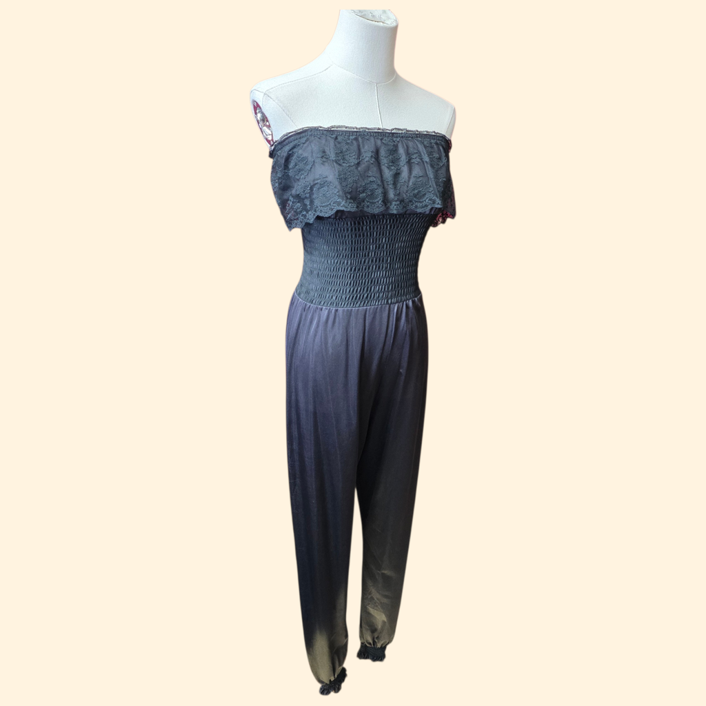 1970s Black Nylon Strapless Jumpsuit ~ Small ~ Lace Loungewear Sleepwear Lingerie