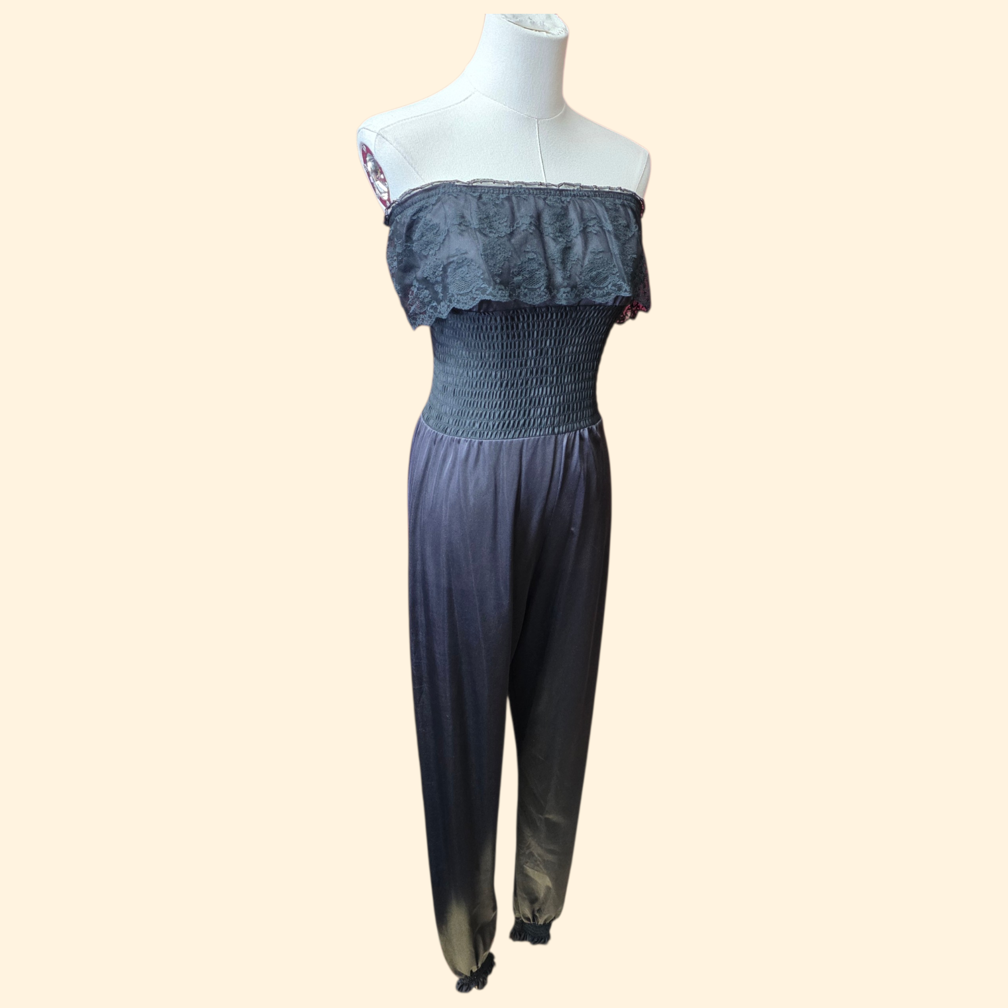 1970s Black Nylon Strapless Jumpsuit ~ Small ~ Lace Loungewear Sleepwear Lingerie