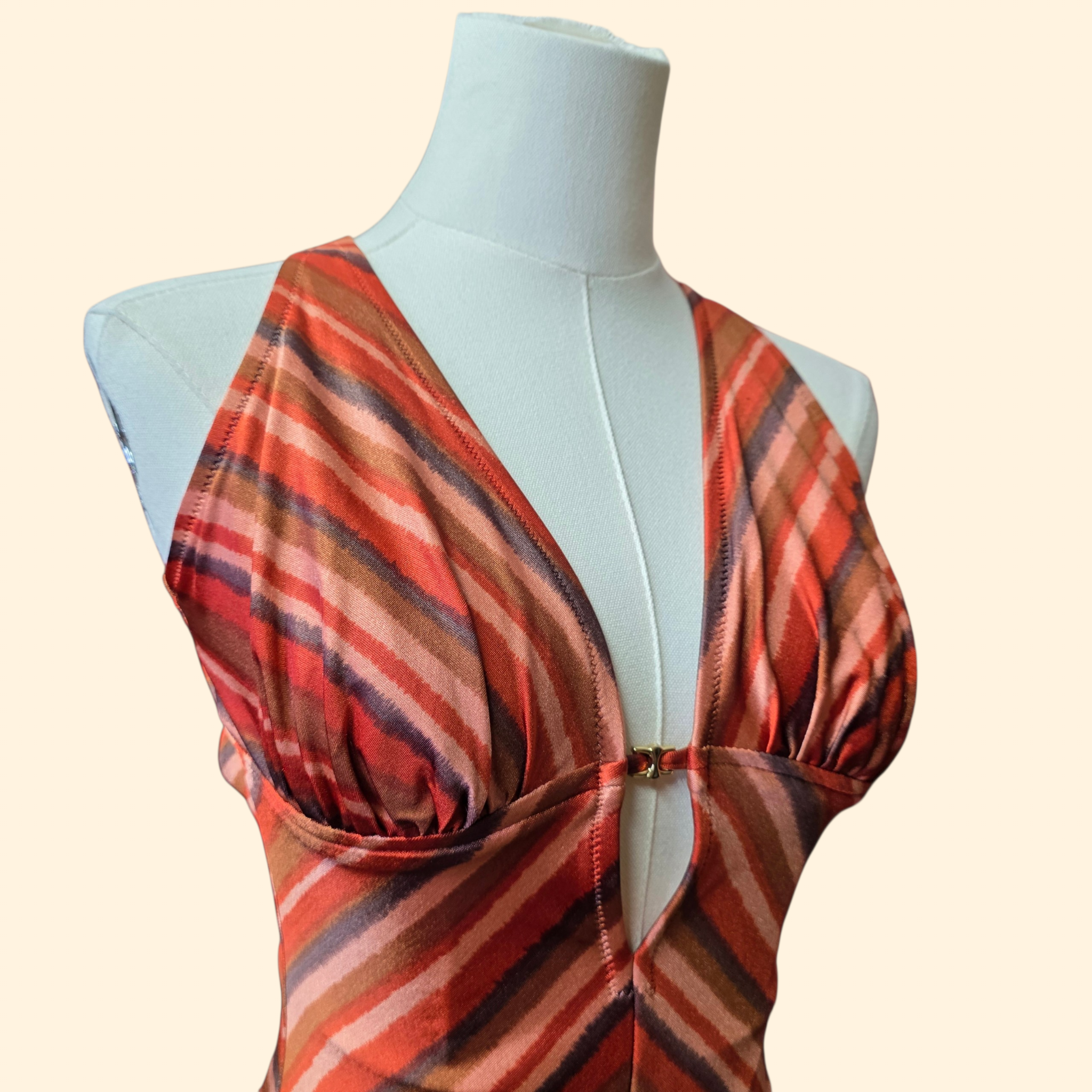 1970s Striped One Piece Swimsuit ~ Medium ~ Rust Coral Brown Chevron Bathing Suit