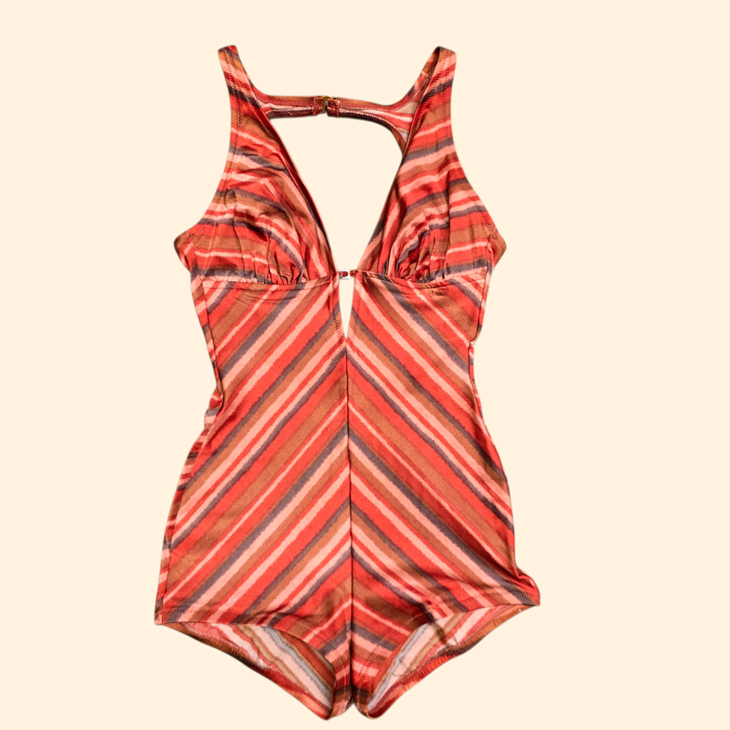 1970s Striped One Piece Swimsuit ~ Medium ~ Rust Coral Brown Chevron Bathing Suit
