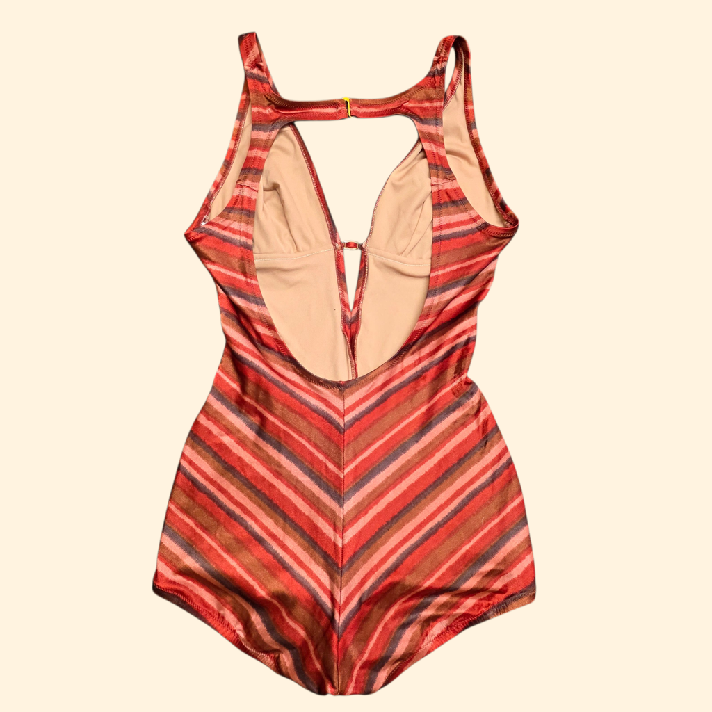 1970s Striped One Piece Swimsuit ~ Medium ~ Rust Coral Brown Chevron Bathing Suit