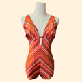 1970s Striped One Piece Swimsuit ~ Medium ~ Rust Coral Brown Chevron Bathing Suit